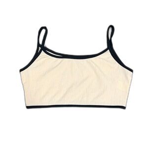 Beige rib knit cropped bralette tank with black contrast piping